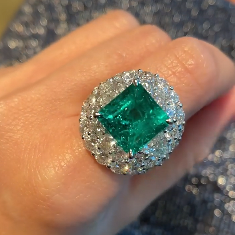 Deluxe Three Stone 6ct Square Cut Emerald Engagement Ring -JOSHINY