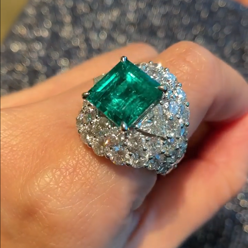 Deluxe Three Stone 6ct Square Cut Emerald Engagement Ring -JOSHINY