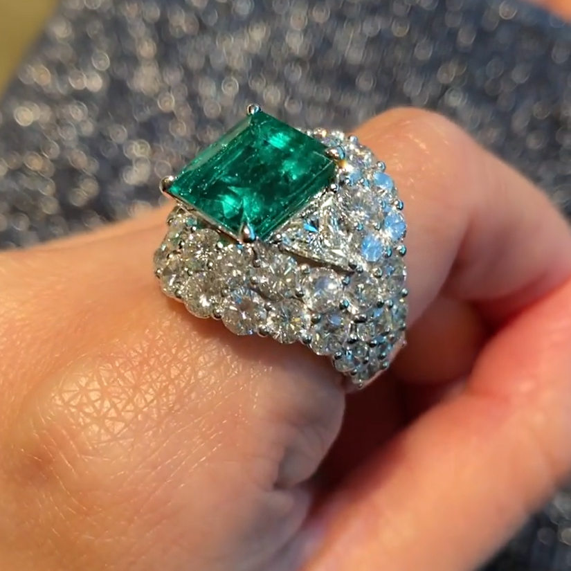 Deluxe Three Stone 6ct Square Cut Emerald Engagement Ring -JOSHINY