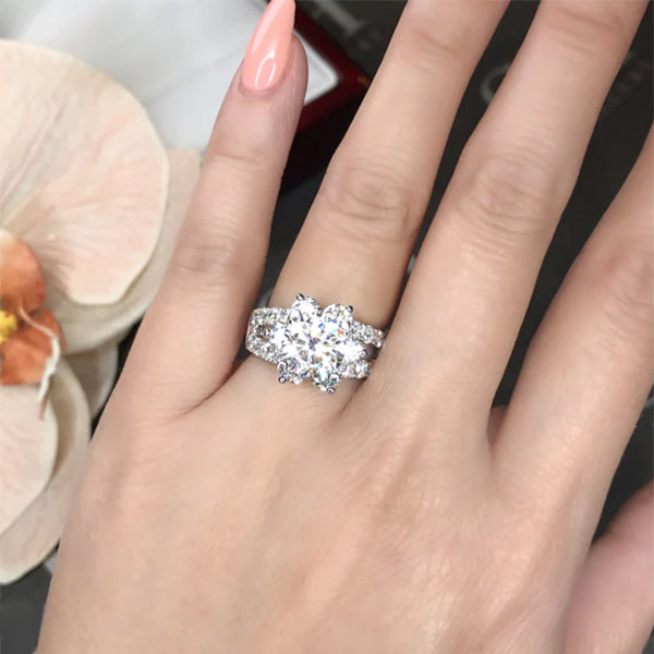 2.0ct Round Cut Bright Floral Halo Diamond Ring with Split Band -JOSHINY