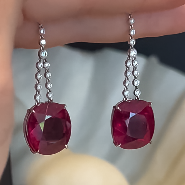 Elegant 6 ctw Cushion & Round Cut Ruby & White Gemstone Chandelier Earrings -JOSHINY