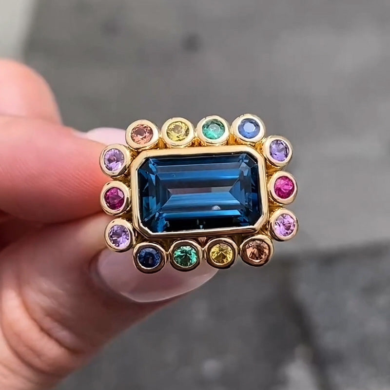 10ctw Emerald Cut rainbow & Blue Gemstone Ring -JOSHINY