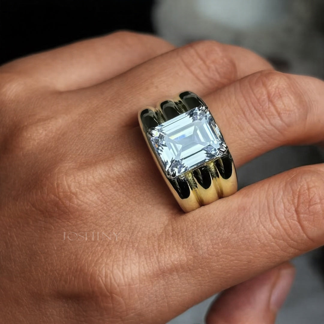 5.01ct Emerald Step-Cut Three-Band Engagement Ring-JOSHINY