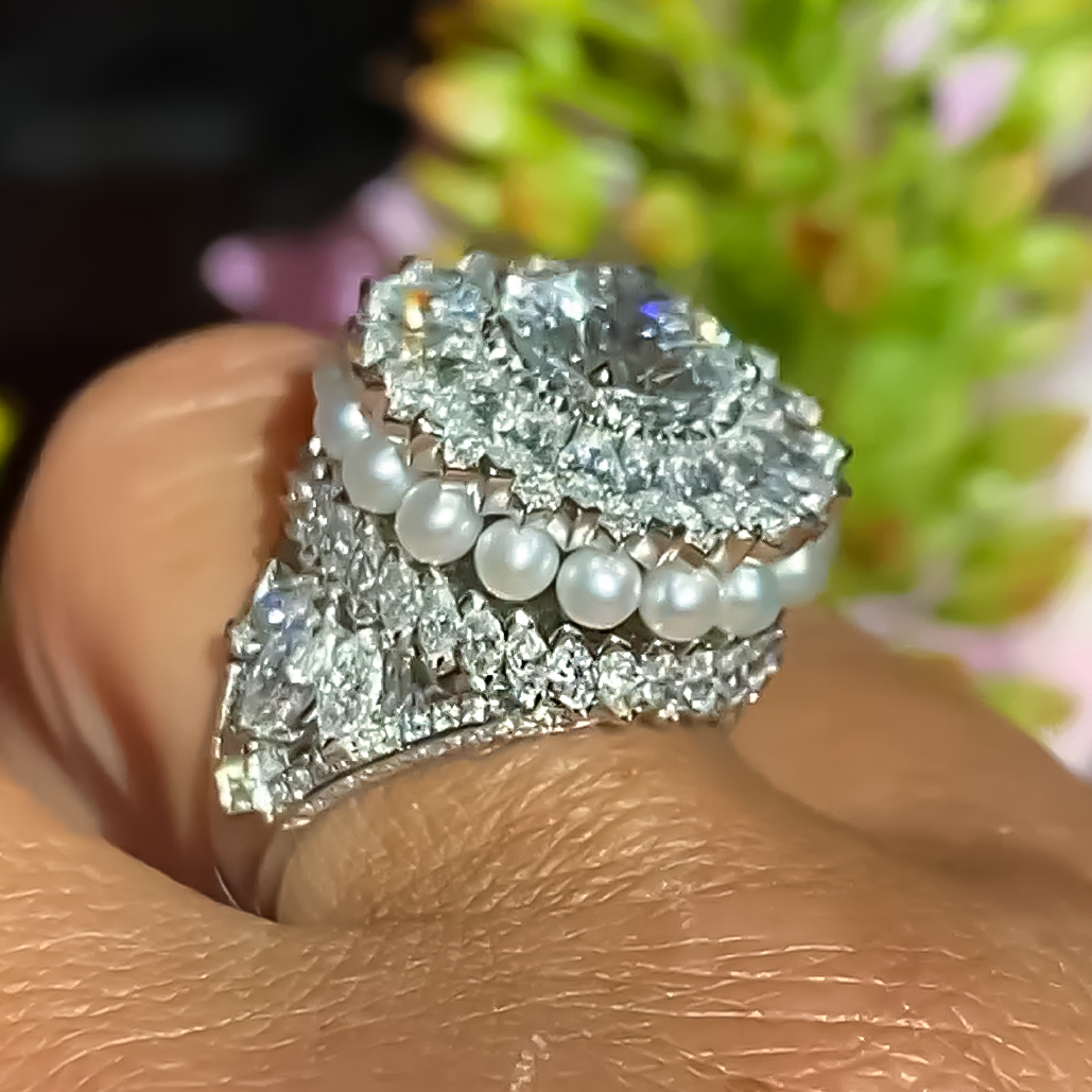 Fantasy 10 ctw Round Cut White Gemstone & Pearl Engagement Ring -JOSHINY