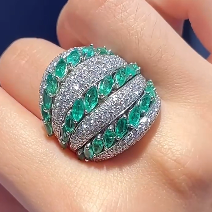 Elegant 6 ctw Marquise & Round Cut Emerald & White Stone Pavé Ring -JOSHINY