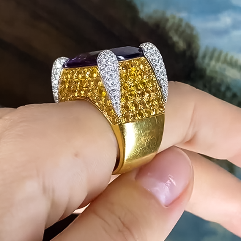 Unique 12 ctw Cushion & Round Cut Purple & Yellow & White Gemstone Pavé Cocktail Ring -JOSHINY