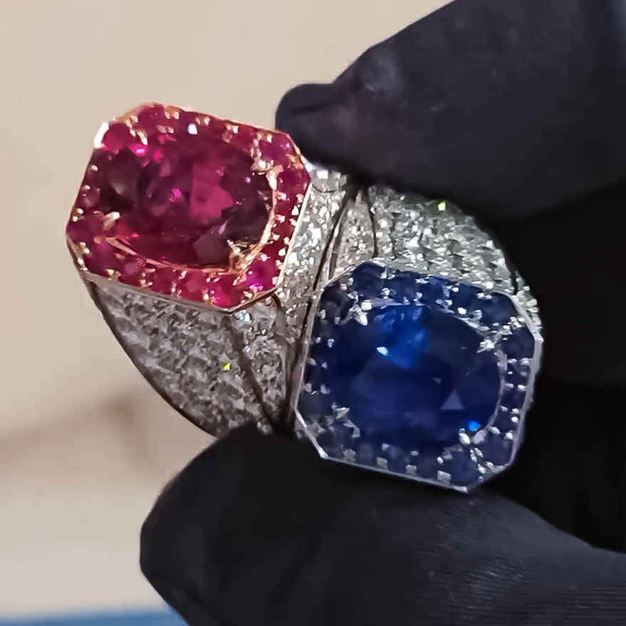 Noble 6 ctw Oval Cut Ruby & Sapphire Twin Stone Pavé Ring -JOSHINY