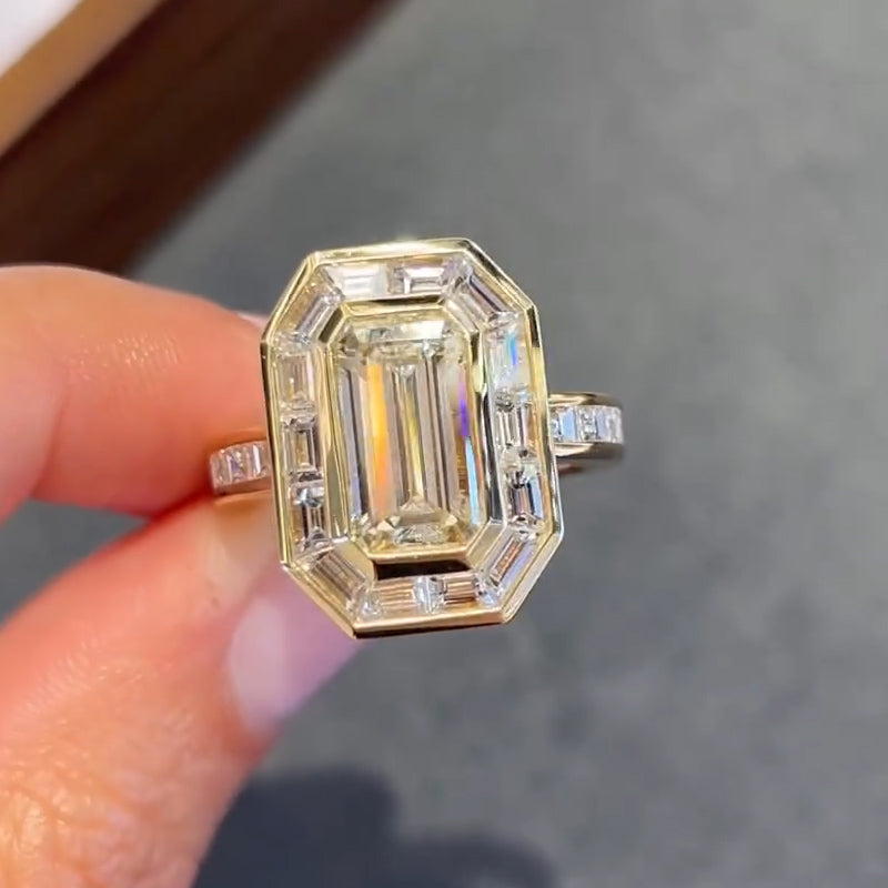 5.0ct Emerald Cut Baguette Side Bezel Gemstone Ring -JOSHINY