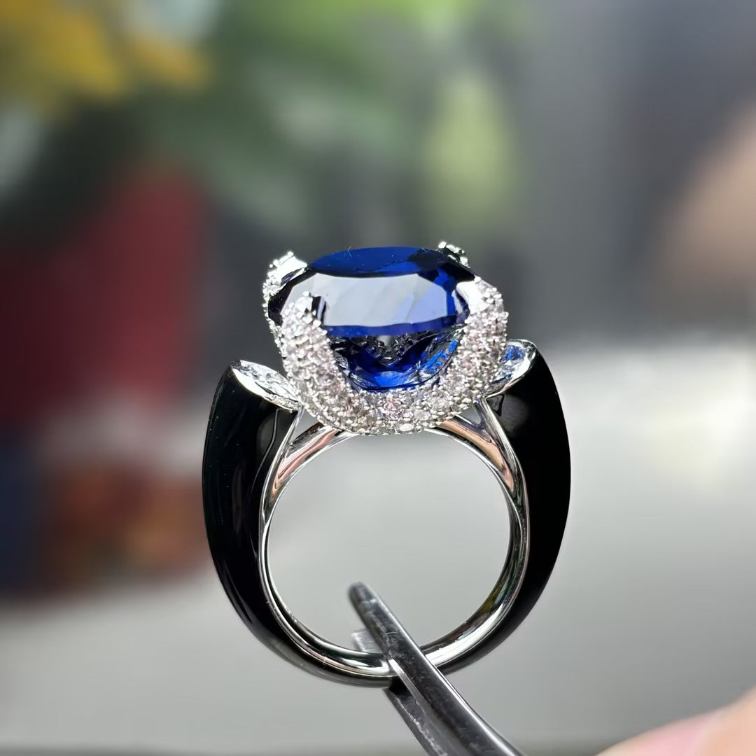 10Ctw Stunning Three-Stone Artistic Blue Gemstone Engagement Ring-JOSHINY