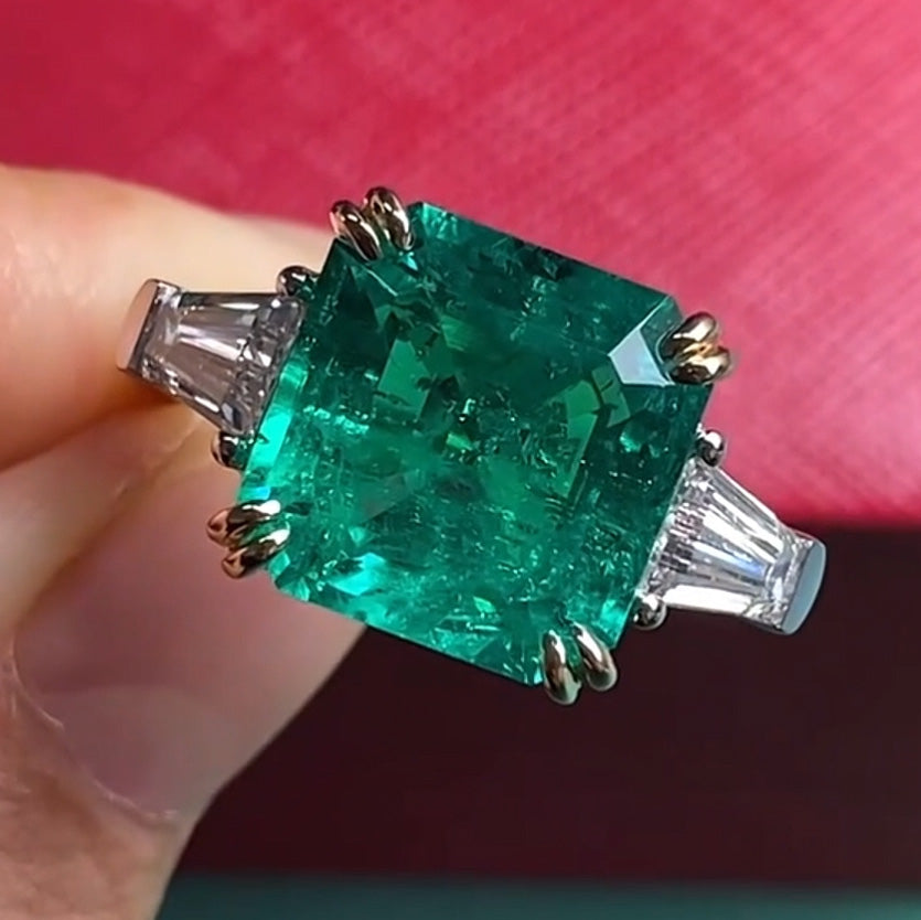 6.5ct Square Emerald 3 Stone Engagement Ring -JOSHINY