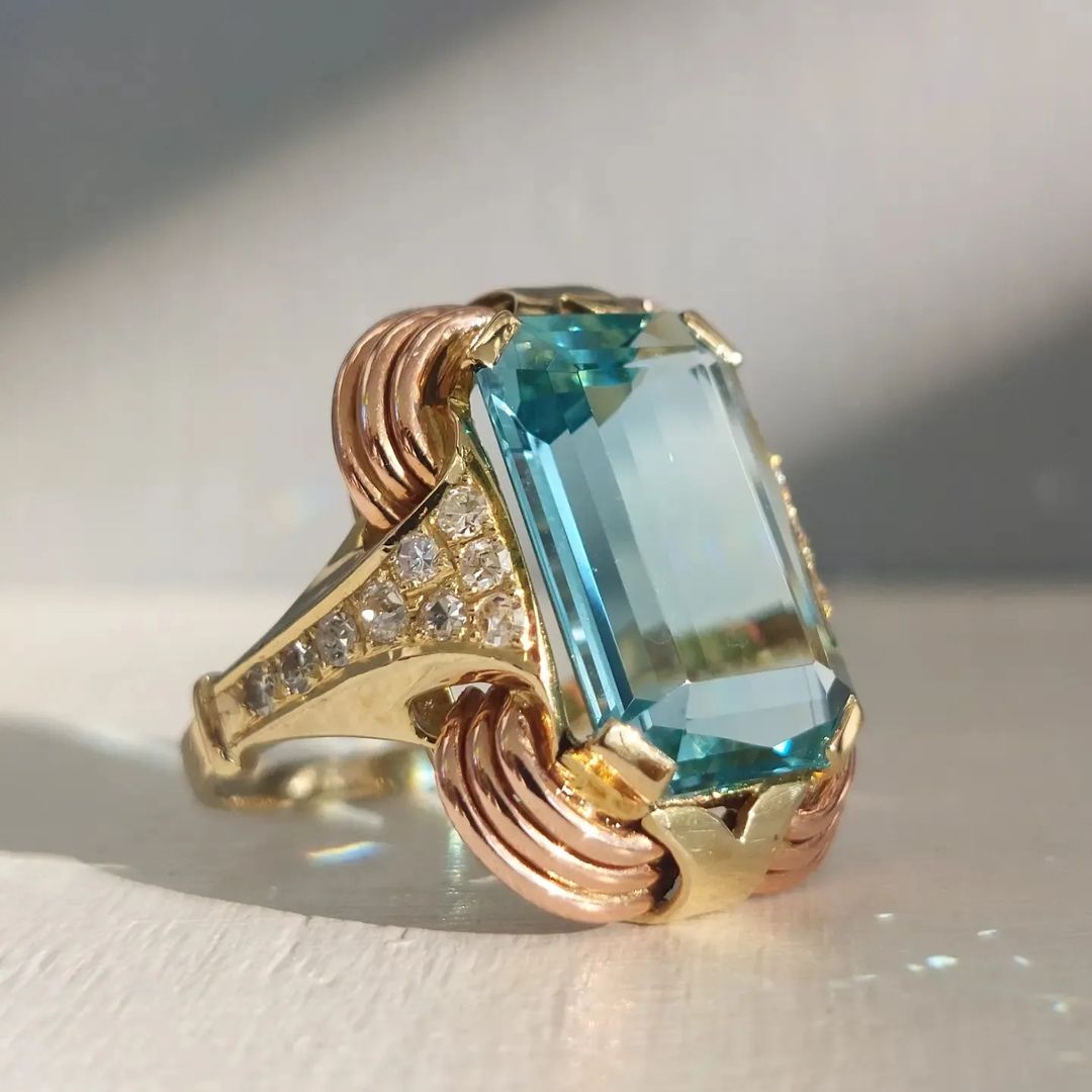 10.2ct Octagon Cut Aquamarine Vintage Rose Gold Ring -JOSHINY