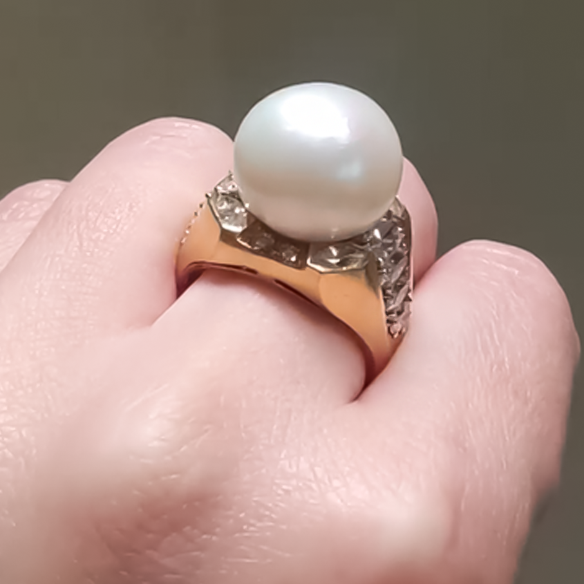 Vintage 2 ctw Marquise & Round Cut White Gemstone & Pearl Ring -JOSHINY