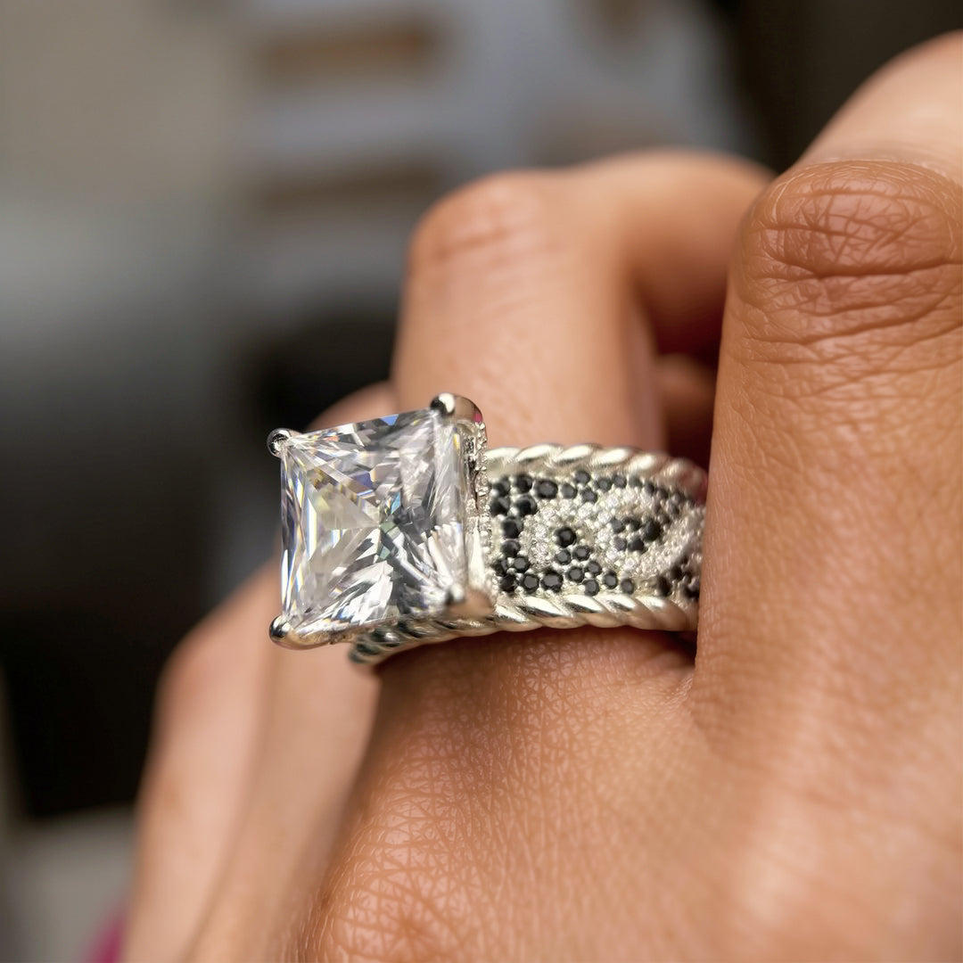 Unique 10 ctw Square Cut White Gemstone Black&White Floral Engagement Ring -JOSHINY