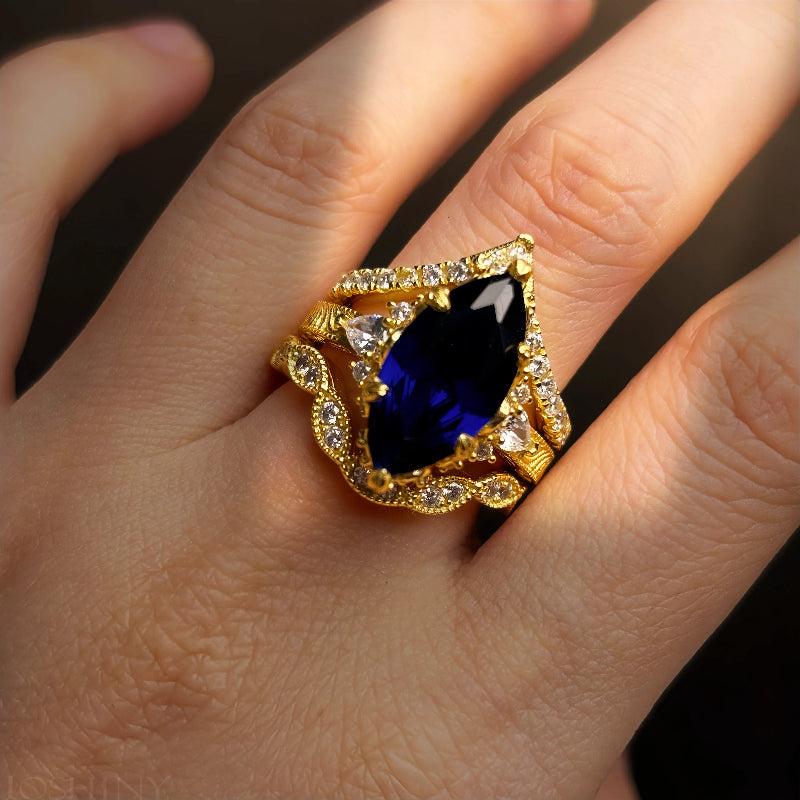 5.96ctw Marquise-cut Blue Sapphire Art Deco Ring Set-JOSHINY