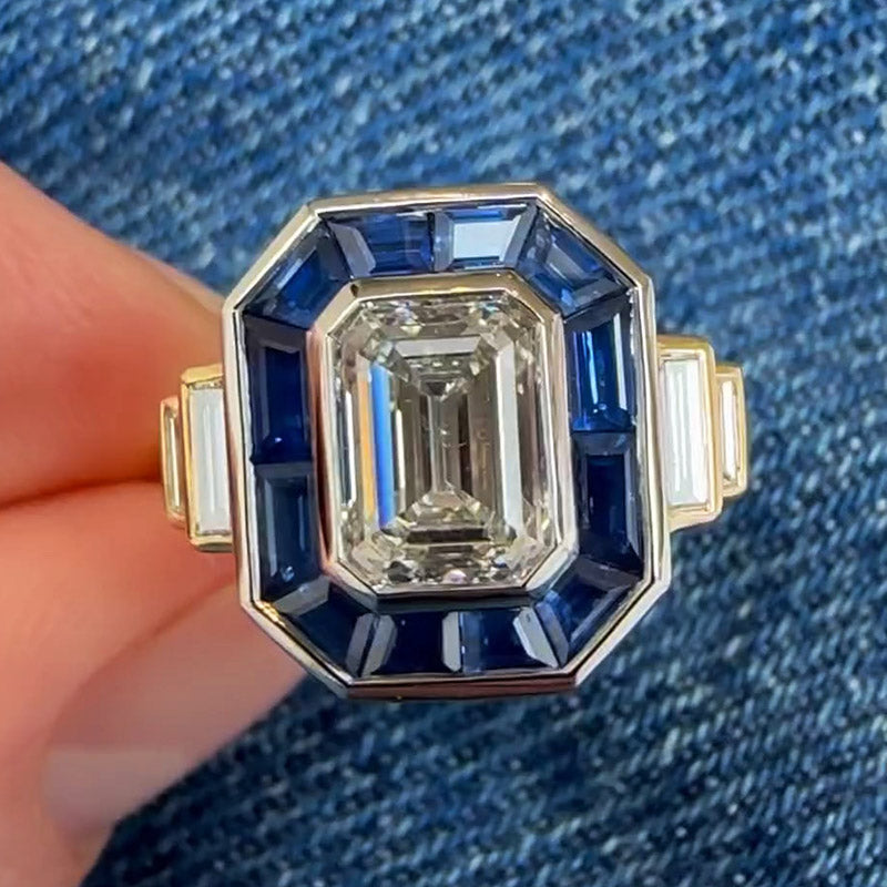 10ctw Emerald Cut White and Blue Bicolour Stepped Gemstone Ring -JOSHINY