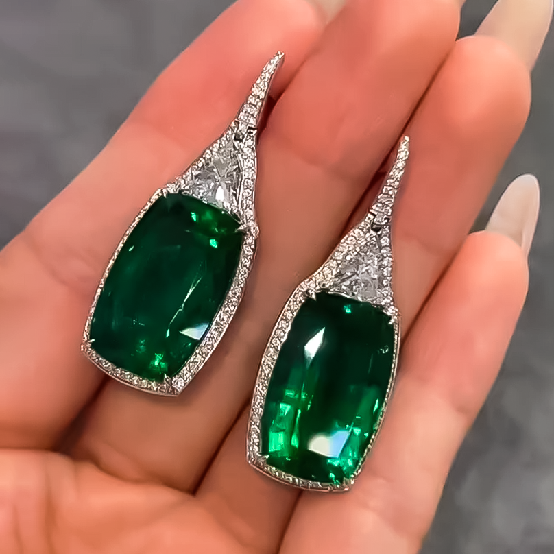 Elegant 12 ctw Cushion Cut Emerald Earrings -JOSHINY