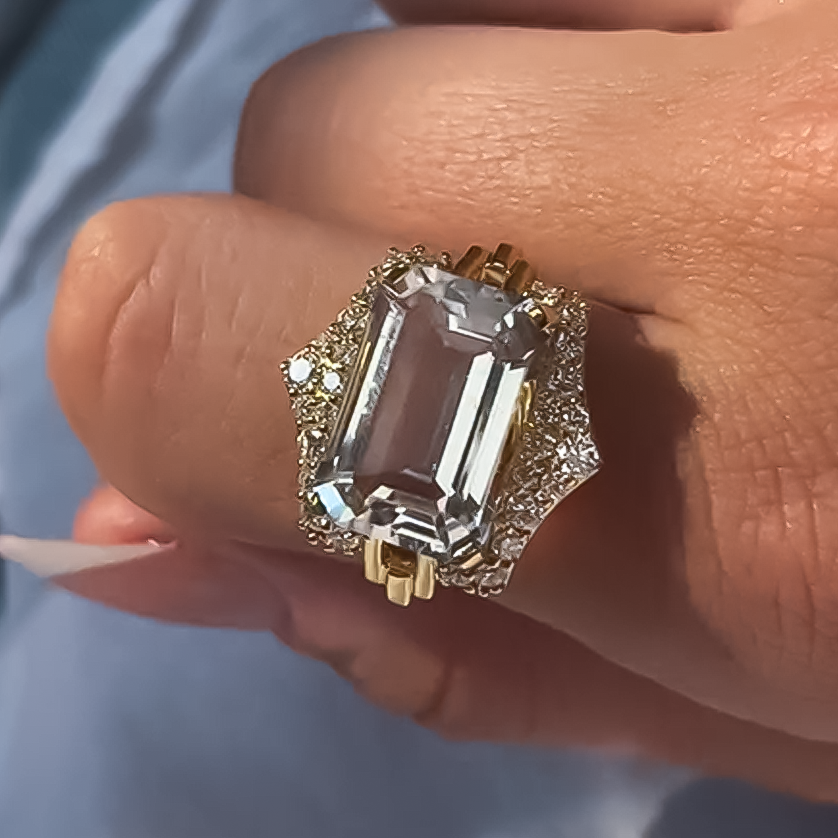 Unique 12 ctw Emerald Cut White Gemstone Engagement Ring -JOSHINY