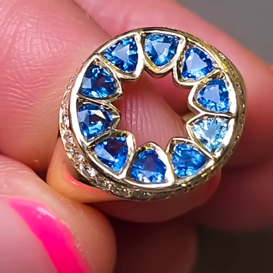 Unique 3 ctw Triangle Cut Sapphire Halo Ring -JOSHINY