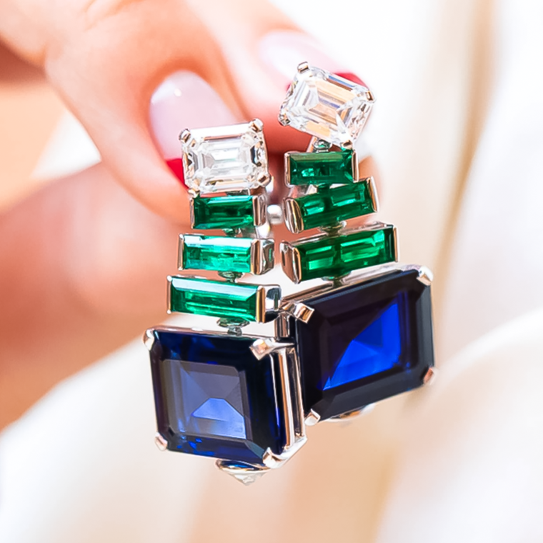 Fashion 14 ctw Emerald & Baguette Cut Tricolor Gemstone Earrings -JOSHINY