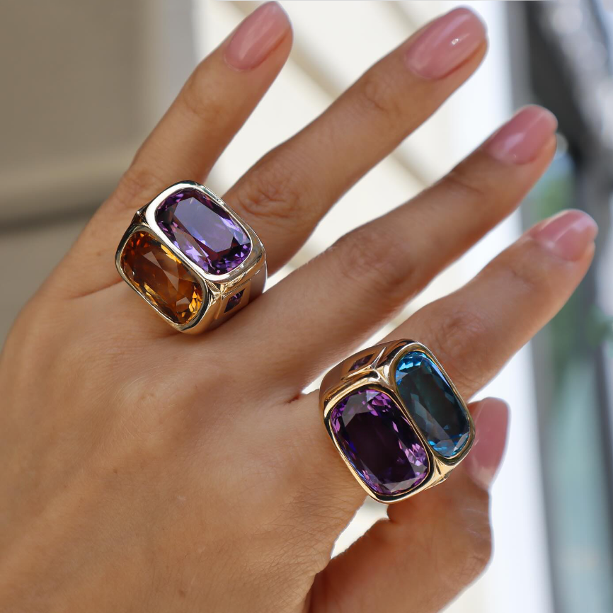 Unique 12 ctw Cushion Cut Blue & Purple & Yellow Gemstone Two Stone Cocktail Ring -JOSHINY