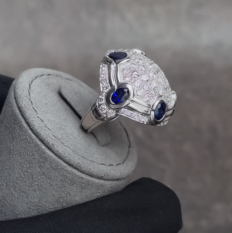 Vintage 5 ctw Oval & Round Cut Sapphire & White Stone Pavé Ring -JOSHINY