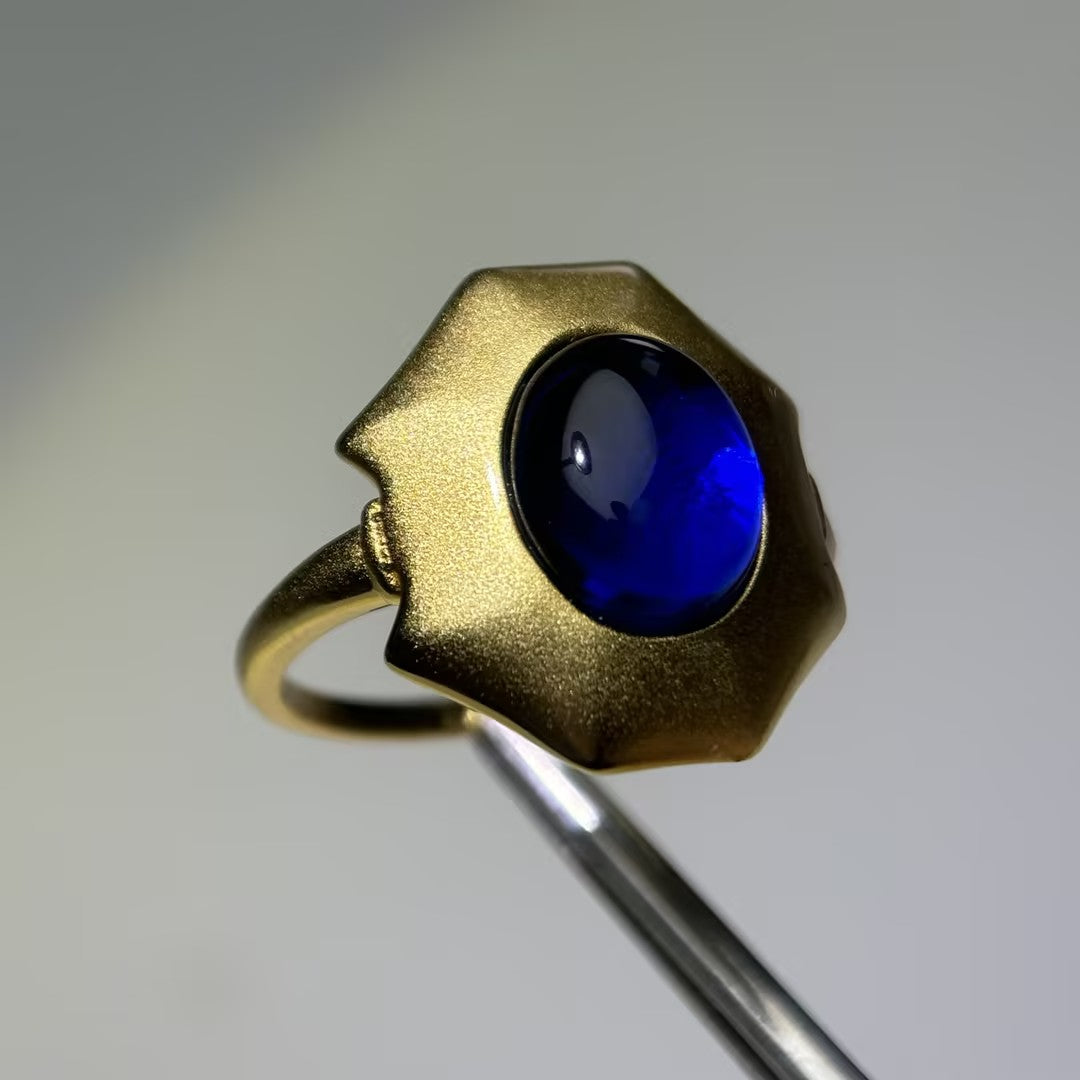 Cabochon-cut oval blue gemstone art ring-JOSHINY