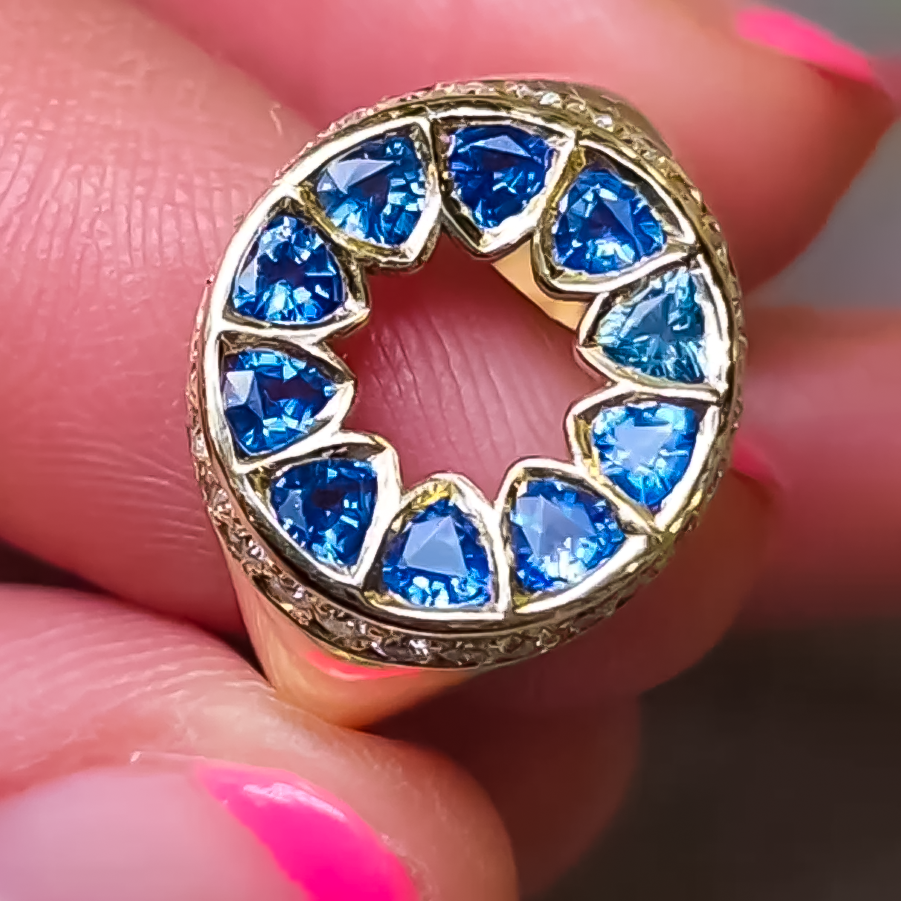 Unique 3 ctw Triangle Cut Sapphire Halo Ring -JOSHINY