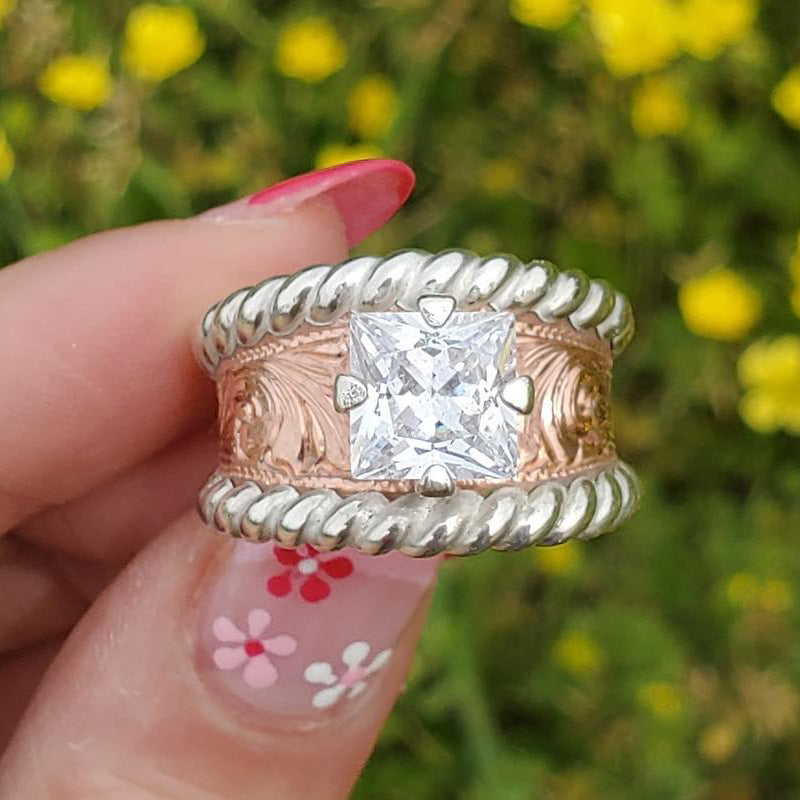 3.0ct Princess Cut Hand Engraved Rose Gold Engagement Ring -JOSHINY