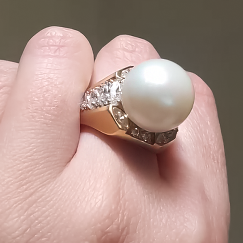 Vintage 2 ctw Marquise & Round Cut White Gemstone & Pearl Ring -JOSHINY