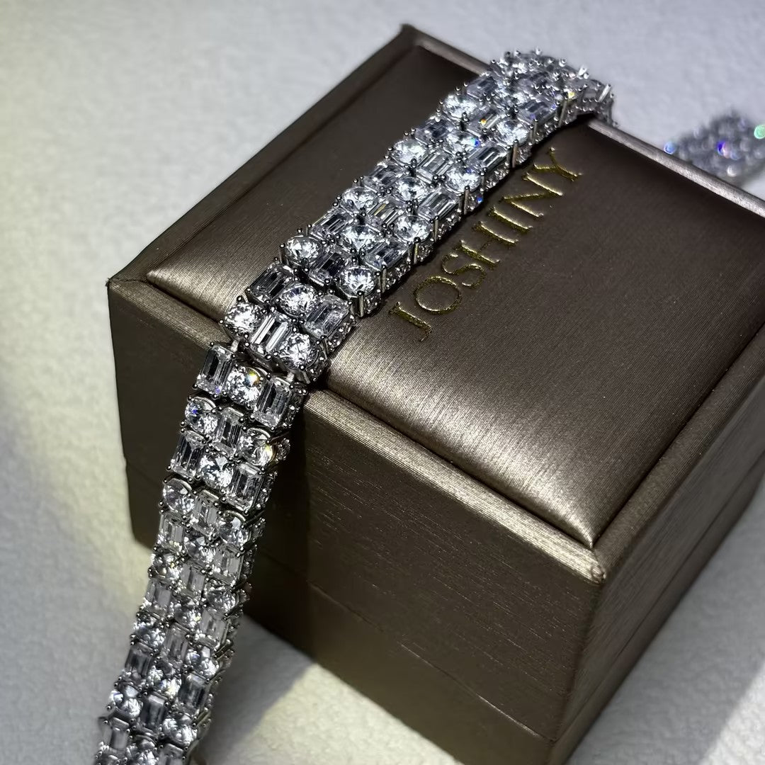 50 CTW Round and Emerald-Cut Three-Row Gemstone Bracelet-JOSHINY