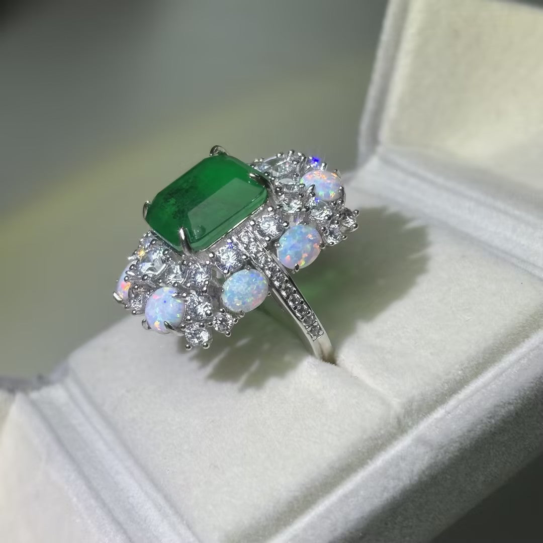 9.5Ctw Asscher Cut Emerald and Round Opal Engagement Ring-JOSHINY