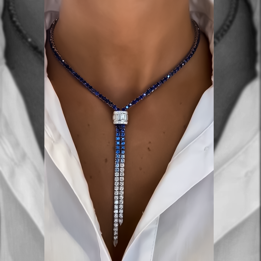 Elegant 30 ctw Round & Baguette & Pear Cut Blue & White Gradient Gemstone Necklace -JOSHINY