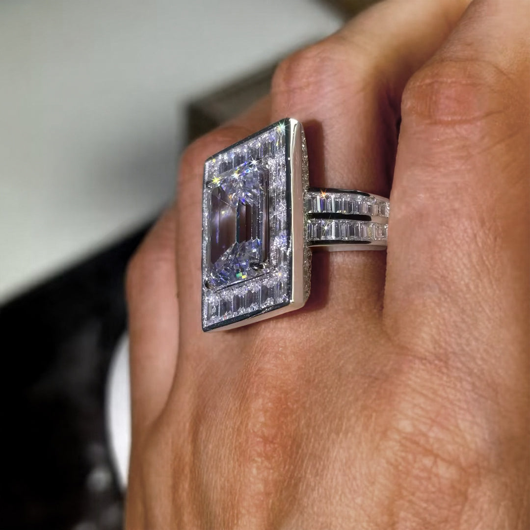 Unique 6 ctw Emerald Cut White Gemstone Engagement Ring -JOSHINY