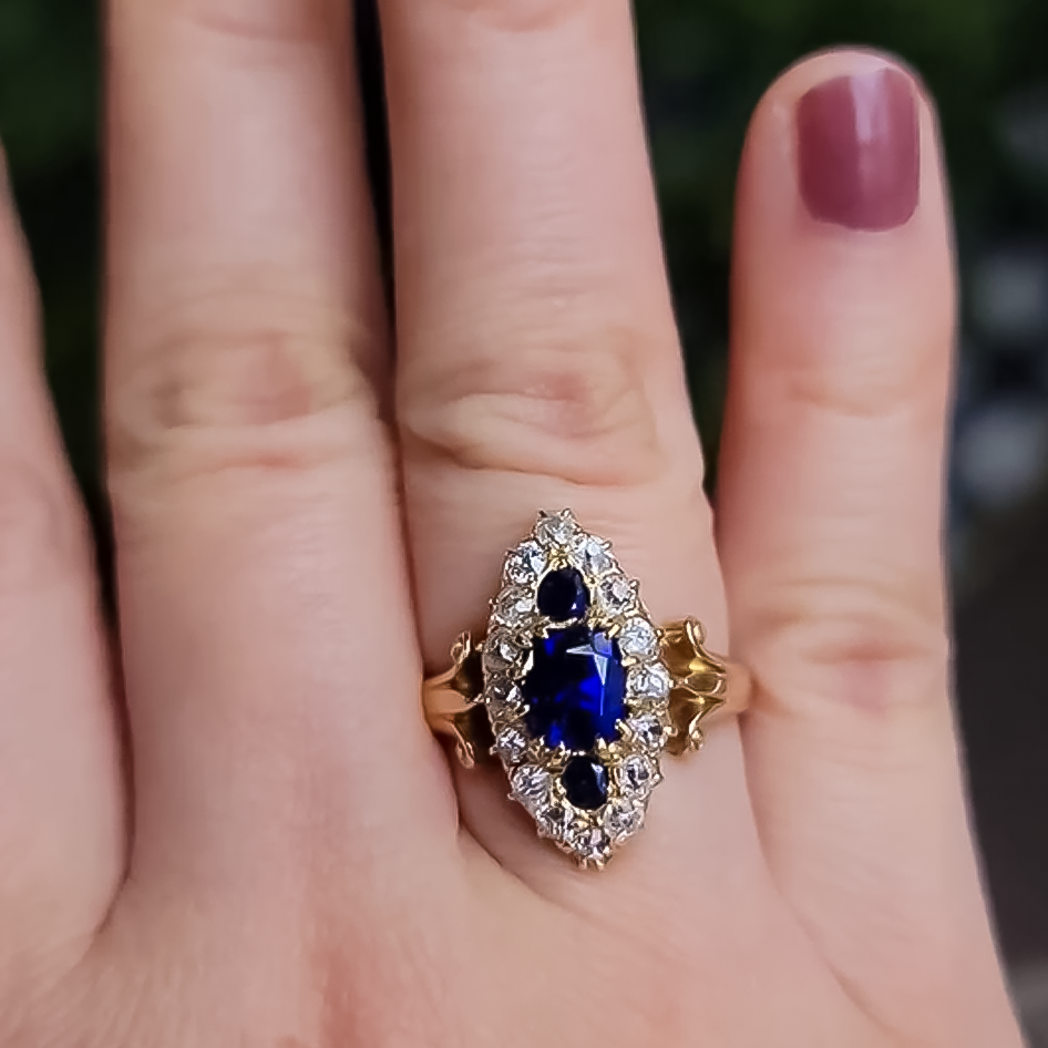 Vintage 2 ctw Cushion Cut Sapphire Tri-Stone Engagement Ring -JOSHINY