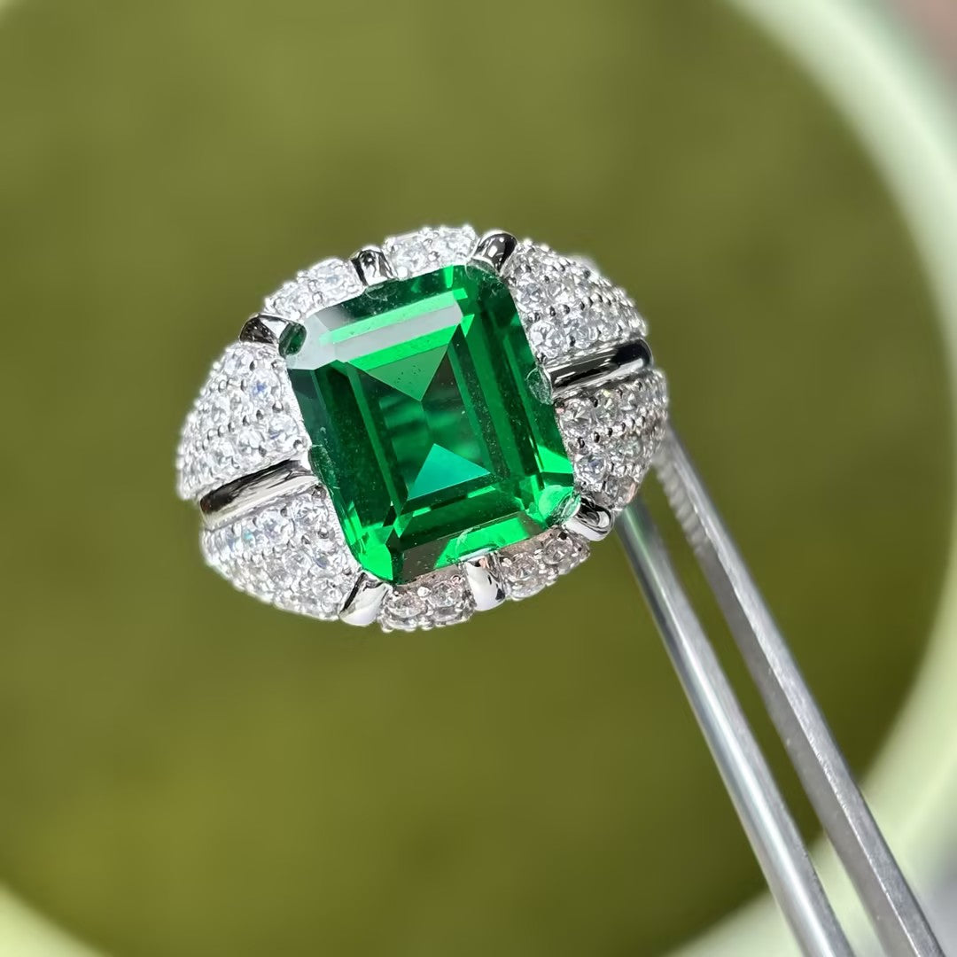 Elegant 8 ctw Emerald Cut Emerald Gemstone & Cushion Cut Sapphire Cocktail Ring -JOSHINY