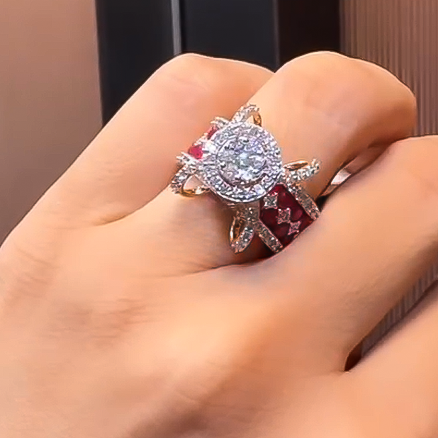 Unique 5 ctw Round Cut Ruby & White Gemstone Engagement Ring -JOSHINY