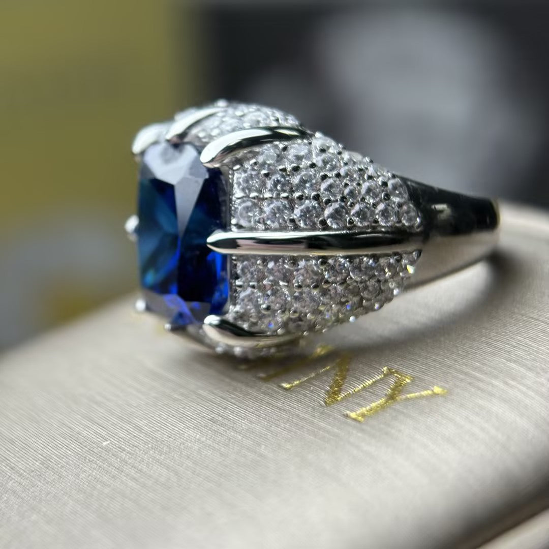 Elegant 8 ctw Emerald Cut Emerald Gemstone & Cushion Cut Sapphire Cocktail Ring -JOSHINY