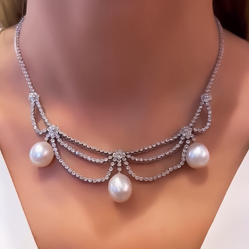 Elegant 10 ctw Round Cut White Gemstone & Pearl Necklace -JOSHINY