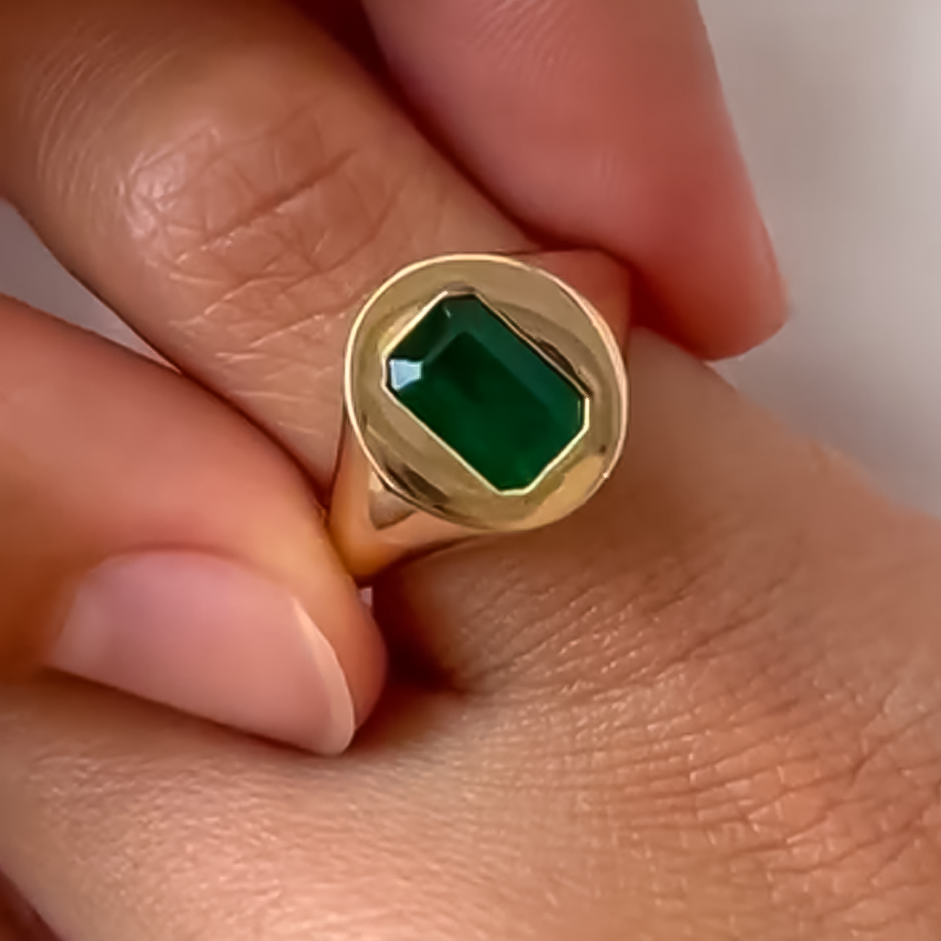 Simple 3 ctw Emerald Cut Emerald Seal Ring -JOSHINY