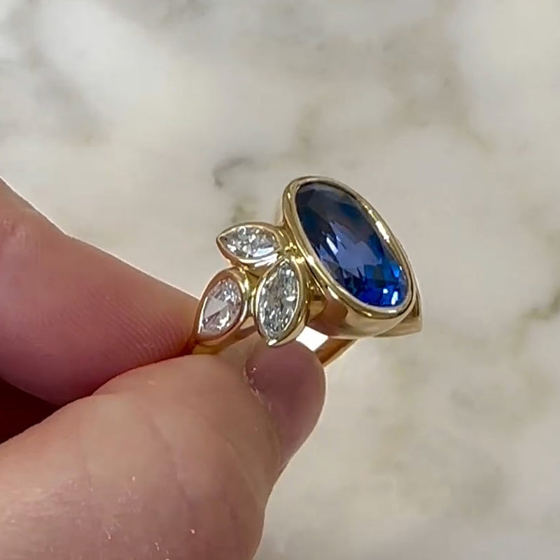 9.0ct Oval Cut Blue Stone Bezel Set Engagement Ring -JOSHINY