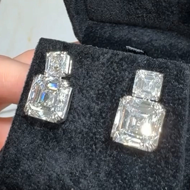 14.43ctw Asscher Cut Double Stone Dangle Earrings -JOSHINY