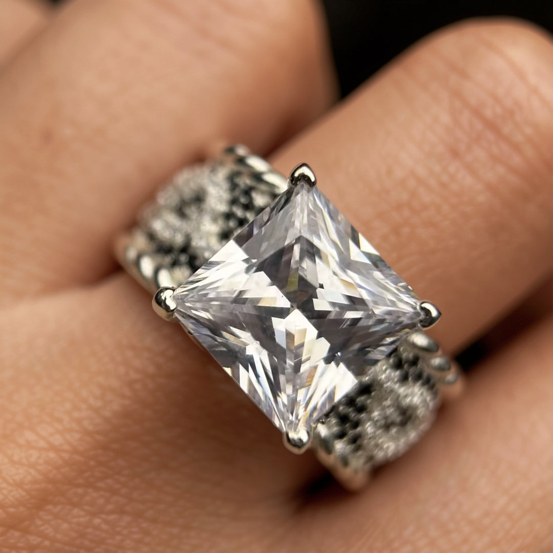 Unique 10 ctw Square Cut White Gemstone Black&White Floral Engagement Ring -JOSHINY