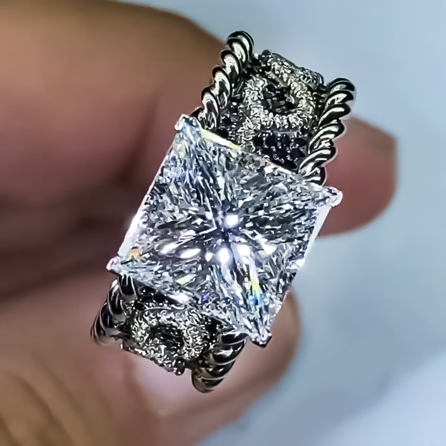 Unique 10 ctw Square Cut White Gemstone Black&White Floral Engagement Ring -JOSHINY