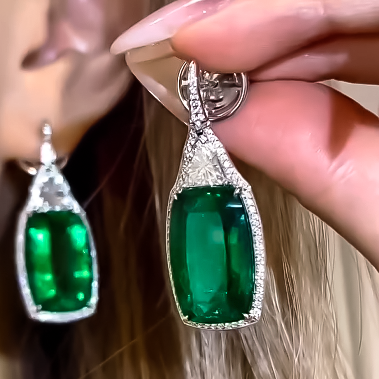 Elegant 12 ctw Cushion Cut Emerald Earrings -JOSHINY