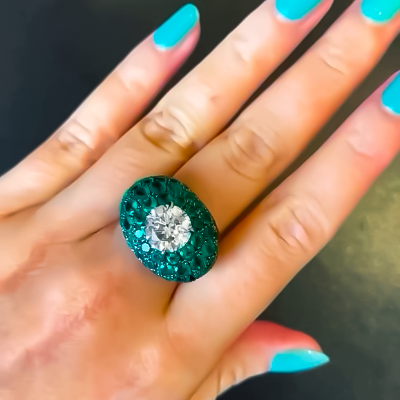 Vintage 8 ctw Round Cut White Gemstone & Emerald Cocktail Ring -JOSHINY