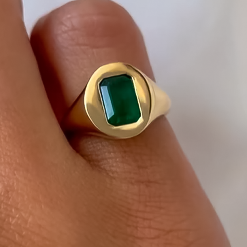 Simple 3 ctw Emerald Cut Emerald Seal Ring -JOSHINY