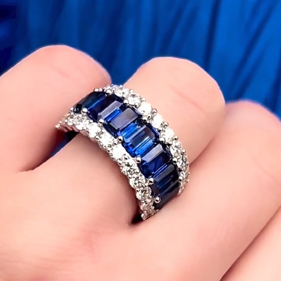 4.05ctw Emerald Cut Blue and White Gemstone Eternity Ring -JOSHINY