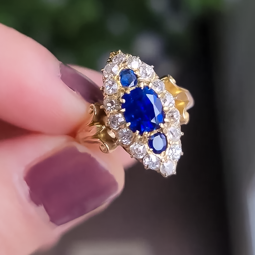 Vintage 2 ctw Cushion Cut Sapphire Tri-Stone Engagement Ring -JOSHINY