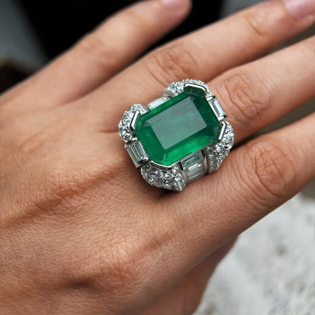 Gorgeous 8 ctw Emerald & Baguette & Round Cut Emerald & White Gemstone Ring -JOSHINY