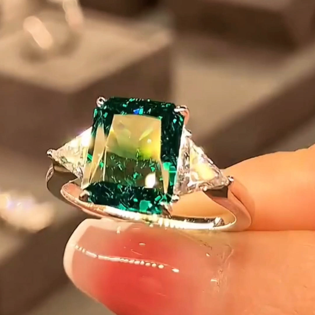 5ctw Radiant Cut Emerald Green Three Stone Ring -JOSHINY